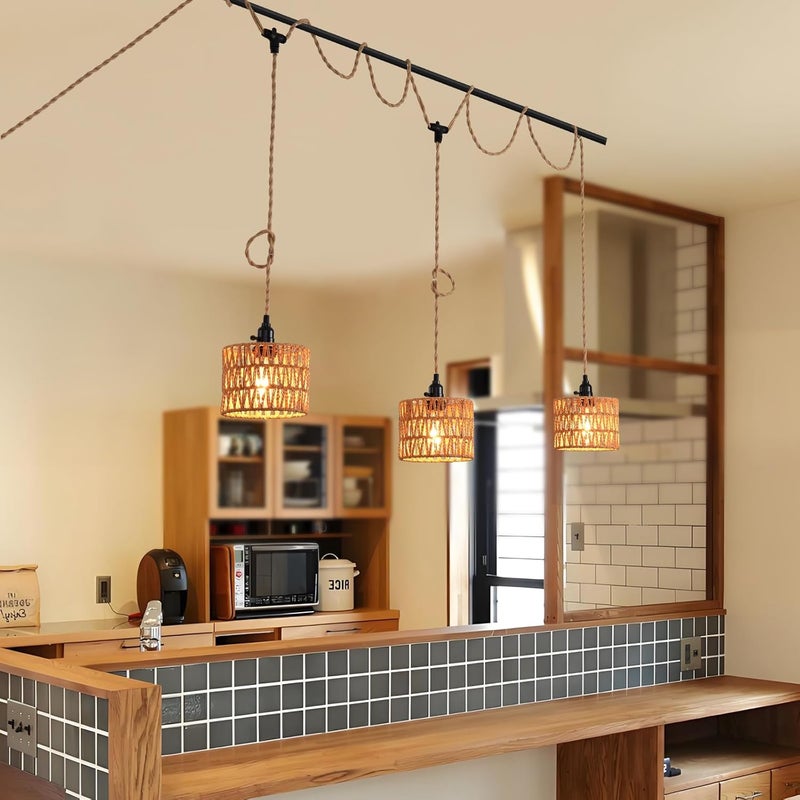 KENMI 3-Light Hanging Light with Plug in Cord,Plug in Pendant Light 22ft Hemp Rope Pendant Lighting Vintage 3-Light Hanging Lamp Fixtures for Kitchen Island Living Room Bedroom - Image 3